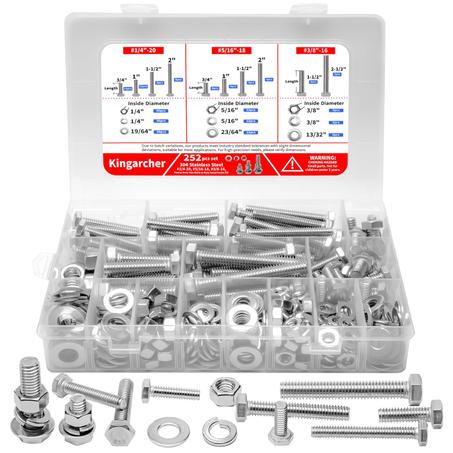 Juego surtido de 252 tuercas y pernos de cabeza hexagonal de acero inoxidable, 1/4"-20, 5/16"-18, 3/8"-16, 3/8"-16 con arandelas planas