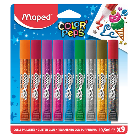 9 tubes de 10.5 ml de colle pailletée aux couleurs vives et variées pour des dessins éclatants !