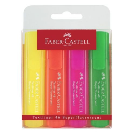 Faber Castel 4 Marqueurs super fluorescent Surligneur 4 couleurs (Rose, Orange, Vert, Jaune).