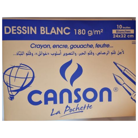 Canson Pochette Papier dessin 10 Feuilles Canson blanc 24*32/180g