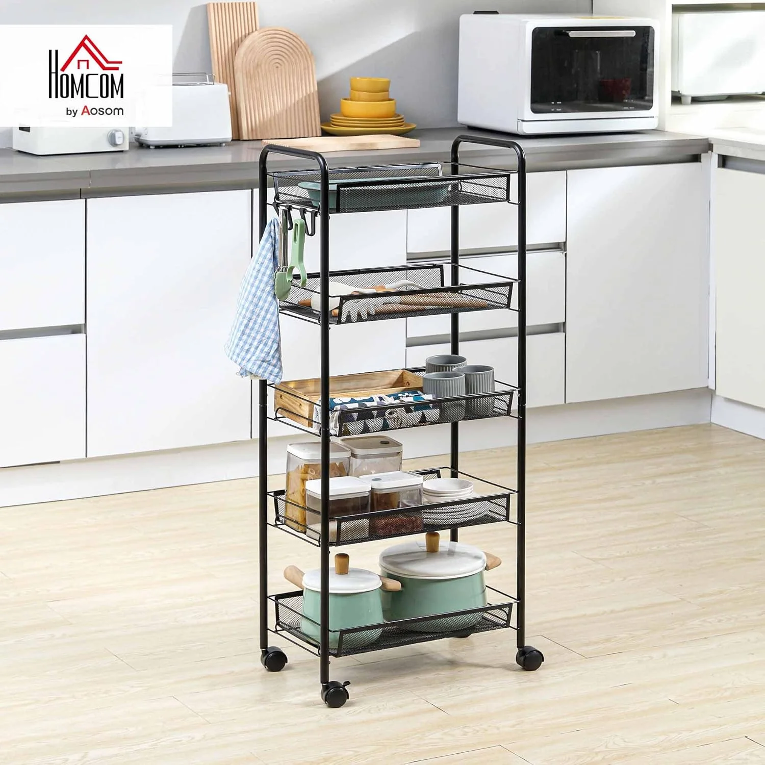 Etagere Chariot de Rangement à 5 Niveaux, desserte à roulettes avec paniers Amovibles et 4 Crochets, Cadre en Acier, Chariot de Cuisine, Salle de Bain, Salon, Espace étroit, 45 x 26,5 x 106 c