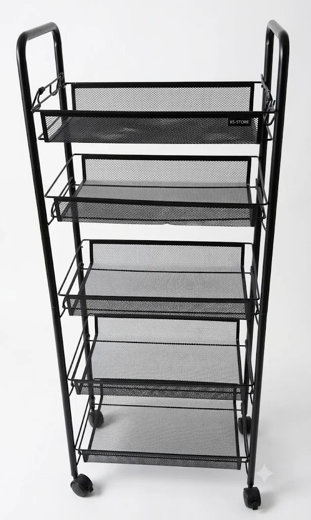 Etagere Chariot de Rangement à 5 Niveaux, desserte à roulettes avec paniers Amovibles et 4 Crochets, Cadre en Acier, Chariot de Cuisine, Salle de Bain, Salon, Espace étroit, 45 x 26,5 x 106 c