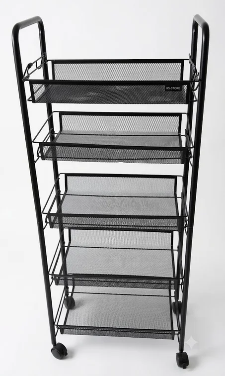 Etagere Chariot de Rangement à 5 Niveaux, desserte à roulettes avec paniers Amovibles et 4 Crochets, Cadre en Acier, Chariot de Cuisine, Salle de Bain, Salon, Espace étroit, 45 x 26,5 x 106 c