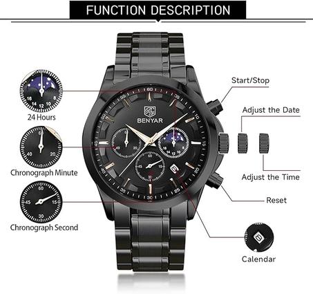 ساعة يد كرونوغراف رياضية مقاومة للماء للرجال من بينيار، عسكرية، متعددة الوظائف، فاخرة و عصرية