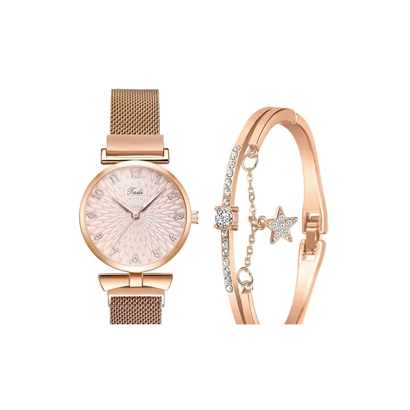 ساعة نسائية أنيقة بعقارب وميناء كوارتز وردي – تصميم عصري