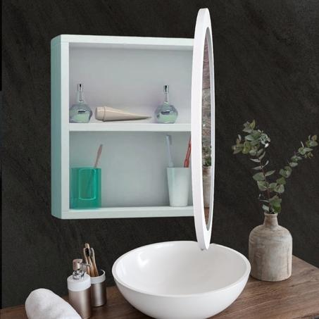 مرآة دائرية أنيقة مع خزانة في نفس الوقت لون أبيض