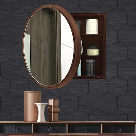 مرآة دائرية أنيقة مع خزانة في نفس الوقت لون الخشب