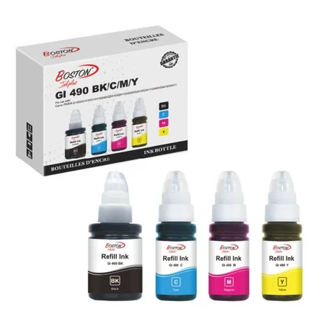 Pack de 4 Bouteilles d’Encre GI-490 (Noir 135ml + Cyan 70ml + Magenta 70ml + Jaune 70ml) – Compatible PIXMA G Series