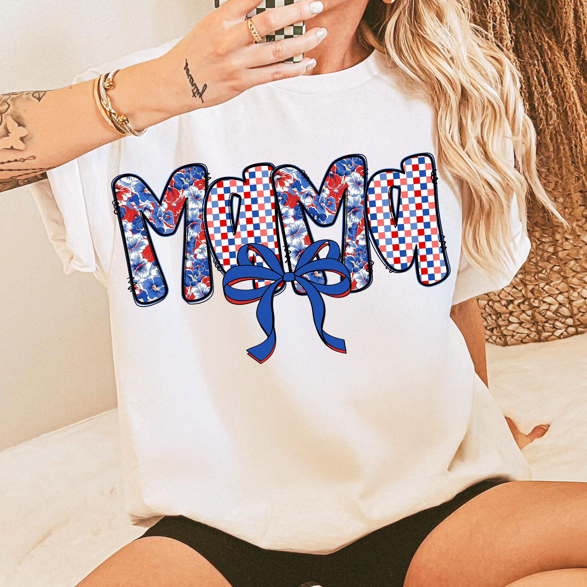 Mama 4th of July T-Shirt – Red White Blue Ditsy Floral Letters, Coquette Grandmillennial USA Shirt, Patriotic Checkered Graphic Tee