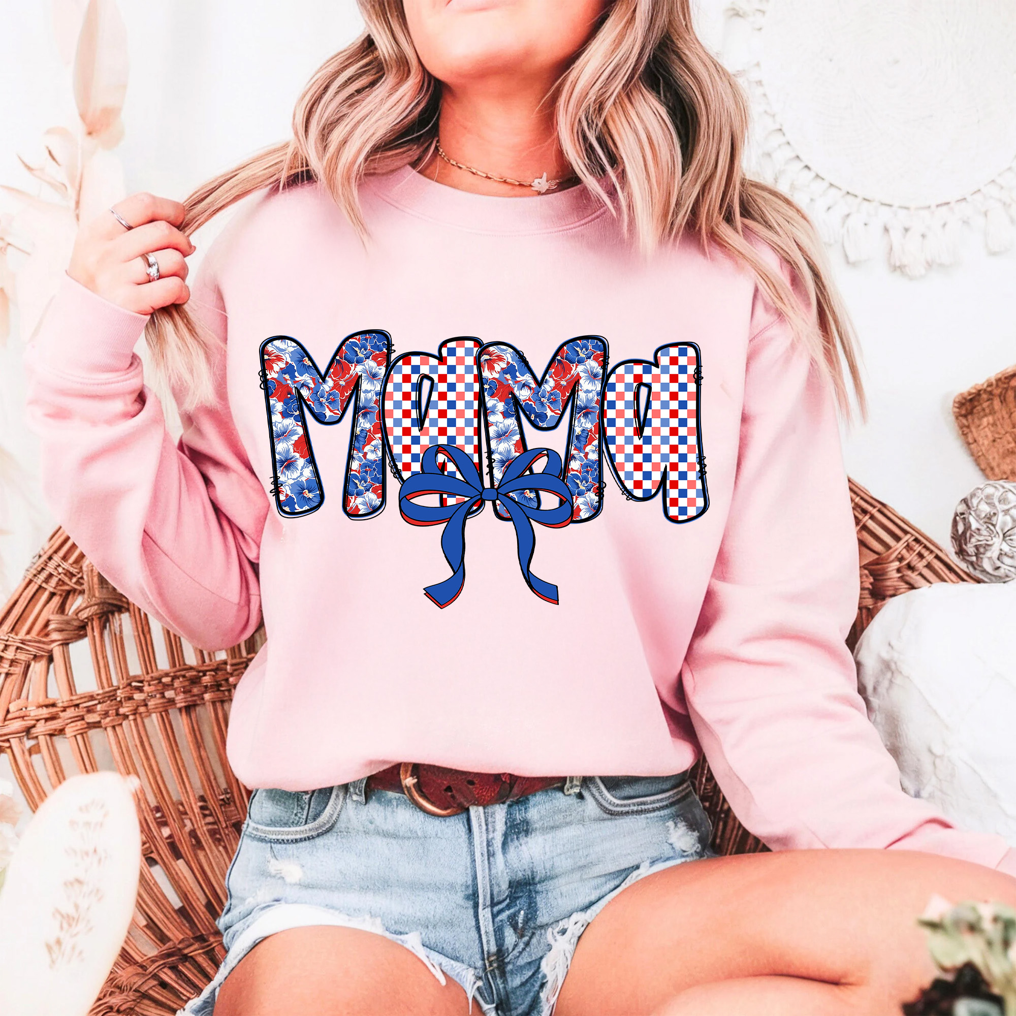 Mama 4th of July T-Shirt – Red White Blue Ditsy Floral Letters, Coquette Grandmillennial USA Shirt, Patriotic Checkered Graphic Tee