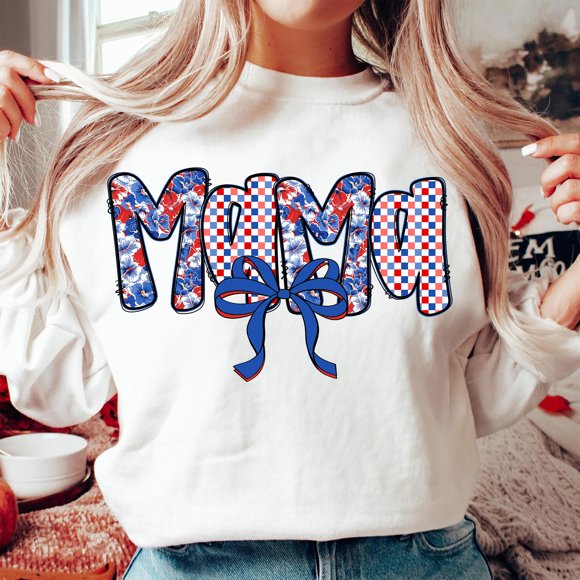 Mama 4th of July T-Shirt – Red White Blue Ditsy Floral Letters, Coquette Grandmillennial USA Shirt, Patriotic Checkered Graphic Tee