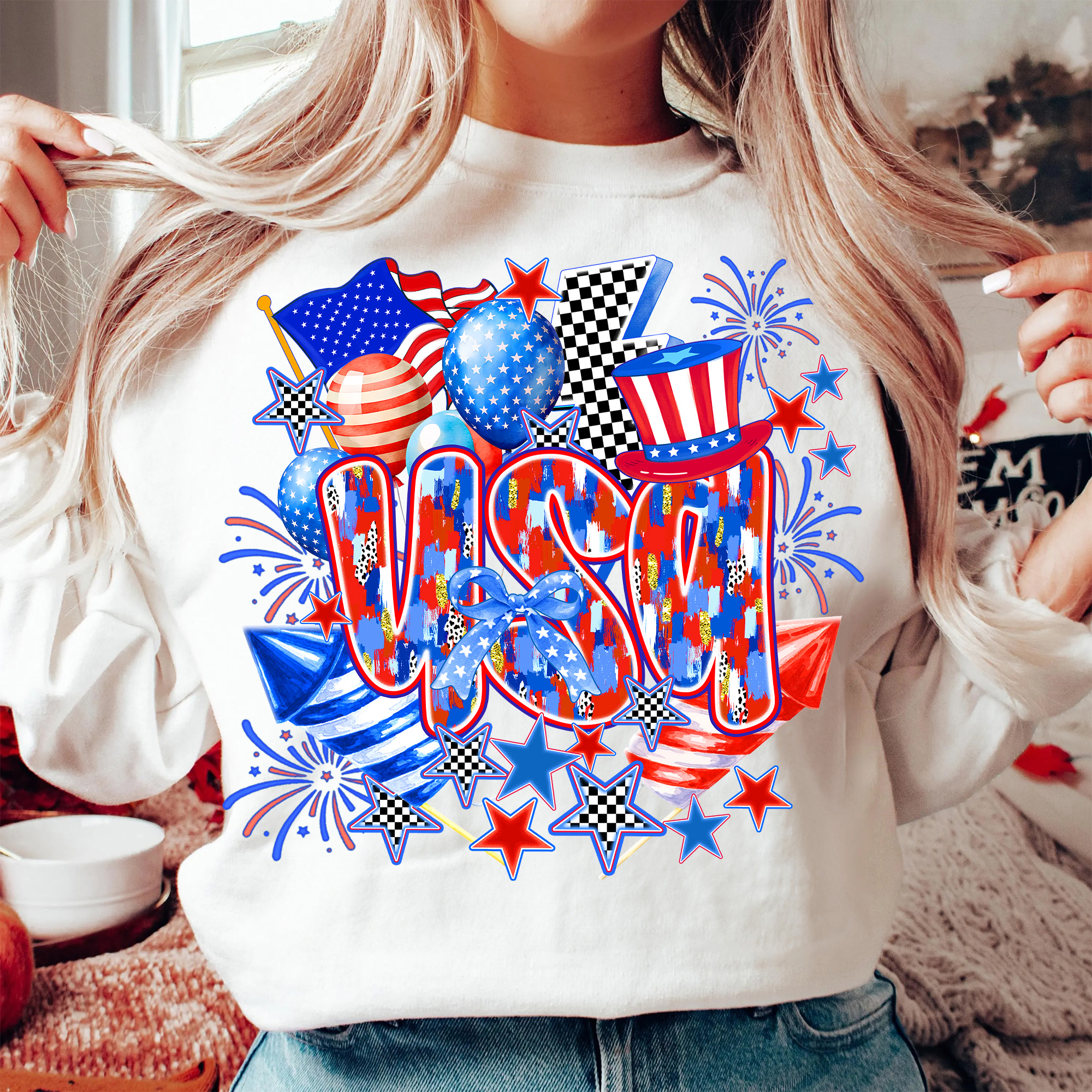 Coquette USA T-Shirt – Retro 4th of July Shirt for Women, Patriotic Girly Sublimation Tee, Vintage America Graphic Tee