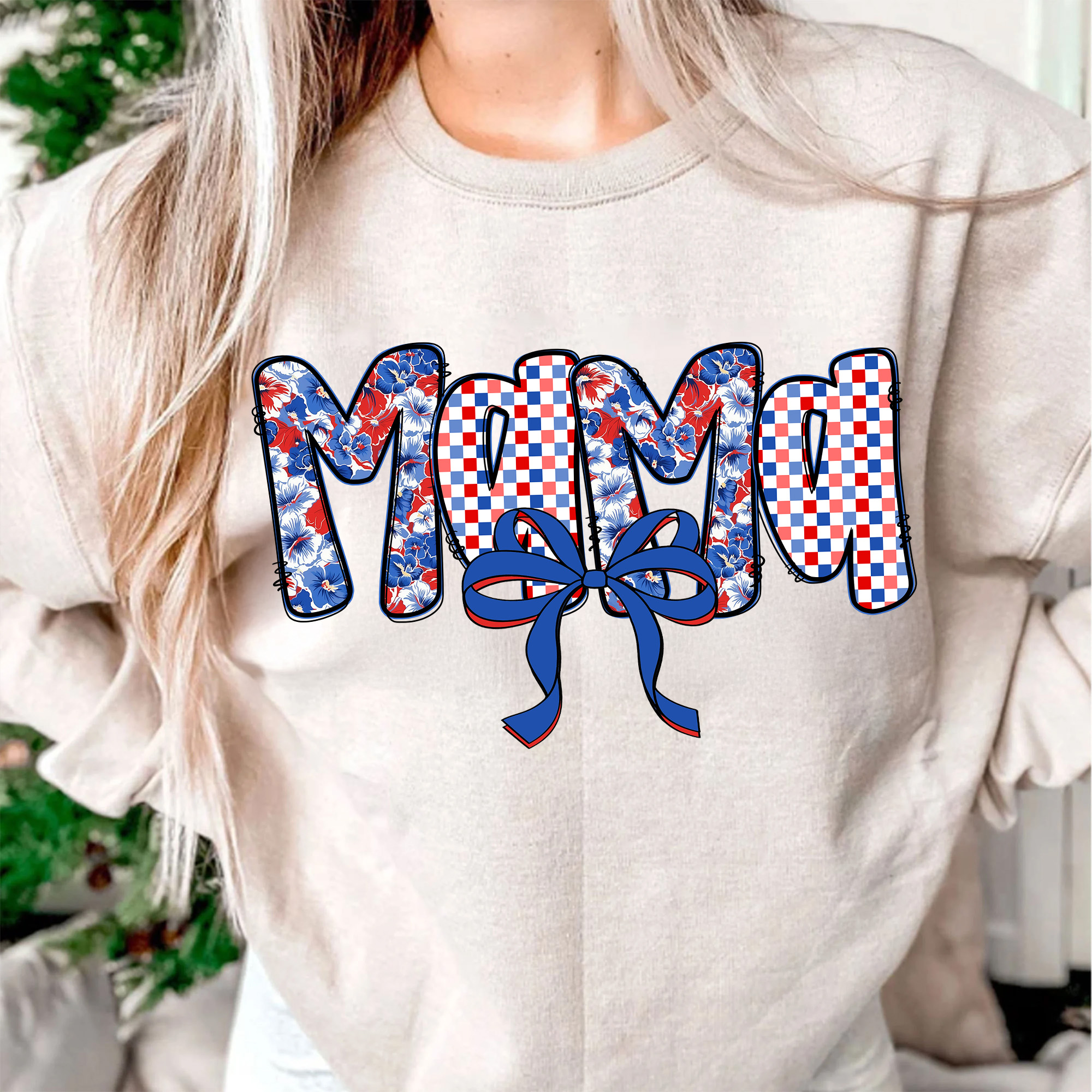 Mama 4th of July T-Shirt – Red White Blue Ditsy Floral Letters, Coquette Grandmillennial USA Shirt, Patriotic Checkered Graphic Tee