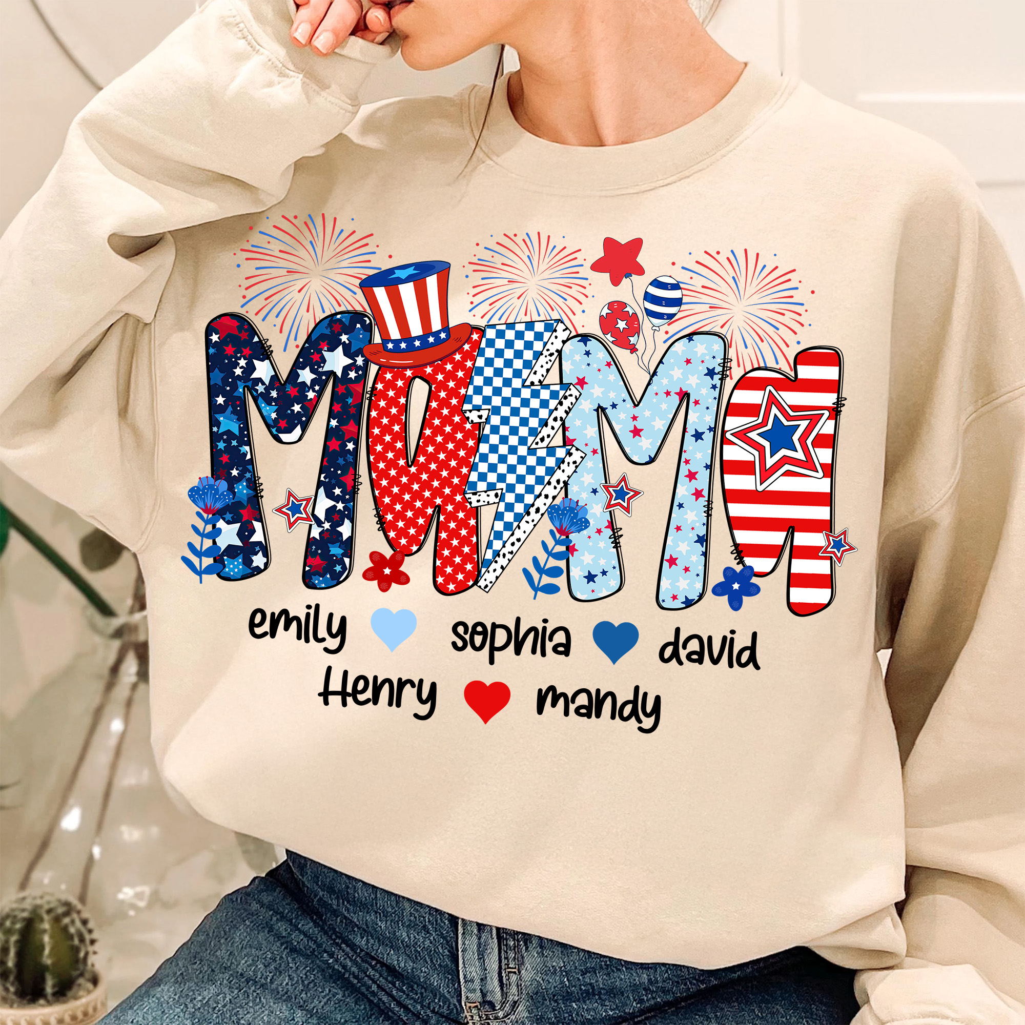 Preppy Mama 4th of July PNG – Glitter Floral American Mama Sublimation Design, Personalized Independence Day USA Mom Clipart