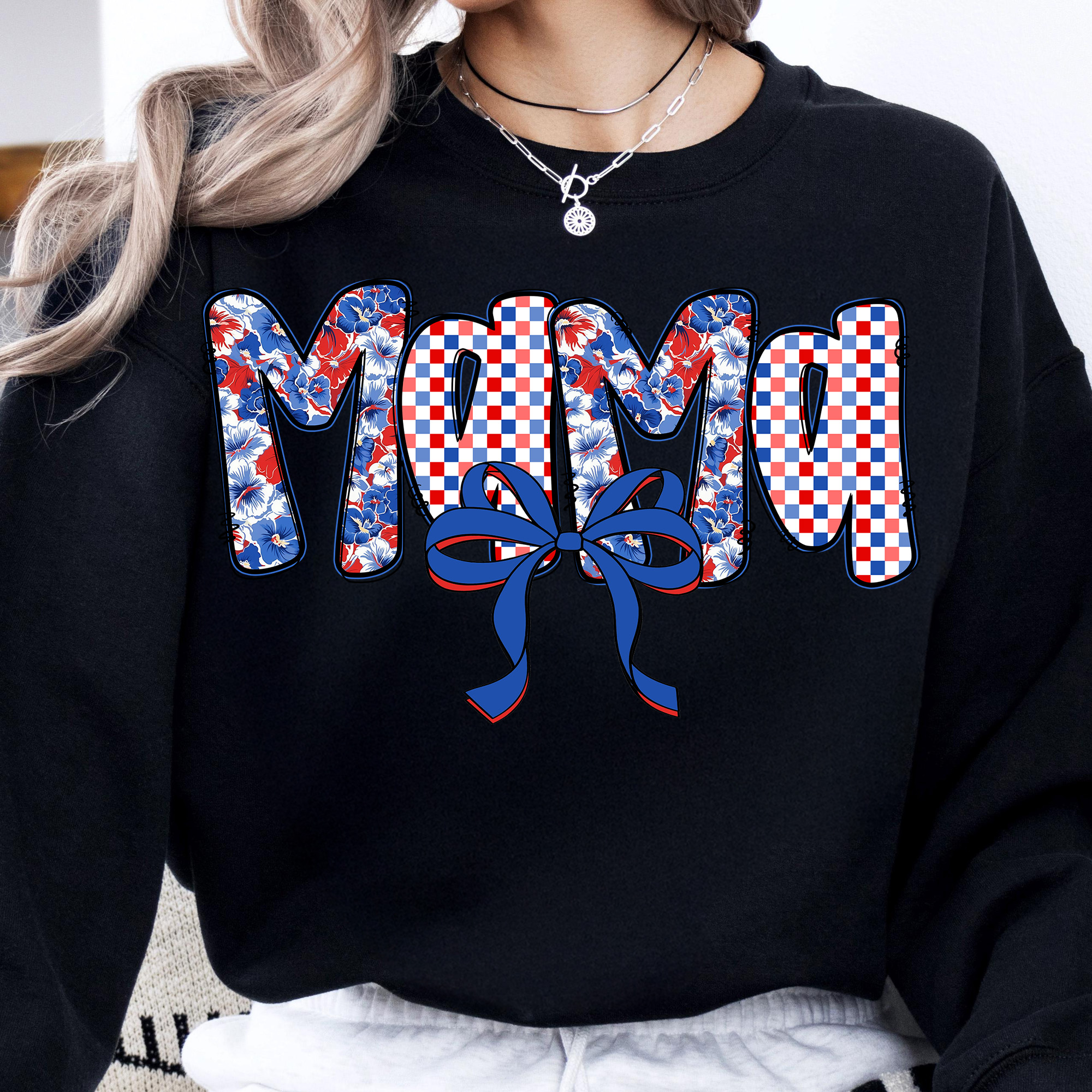 Mama 4th of July T-Shirt – Red White Blue Ditsy Floral Letters, Coquette Grandmillennial USA Shirt, Patriotic Checkered Graphic Tee