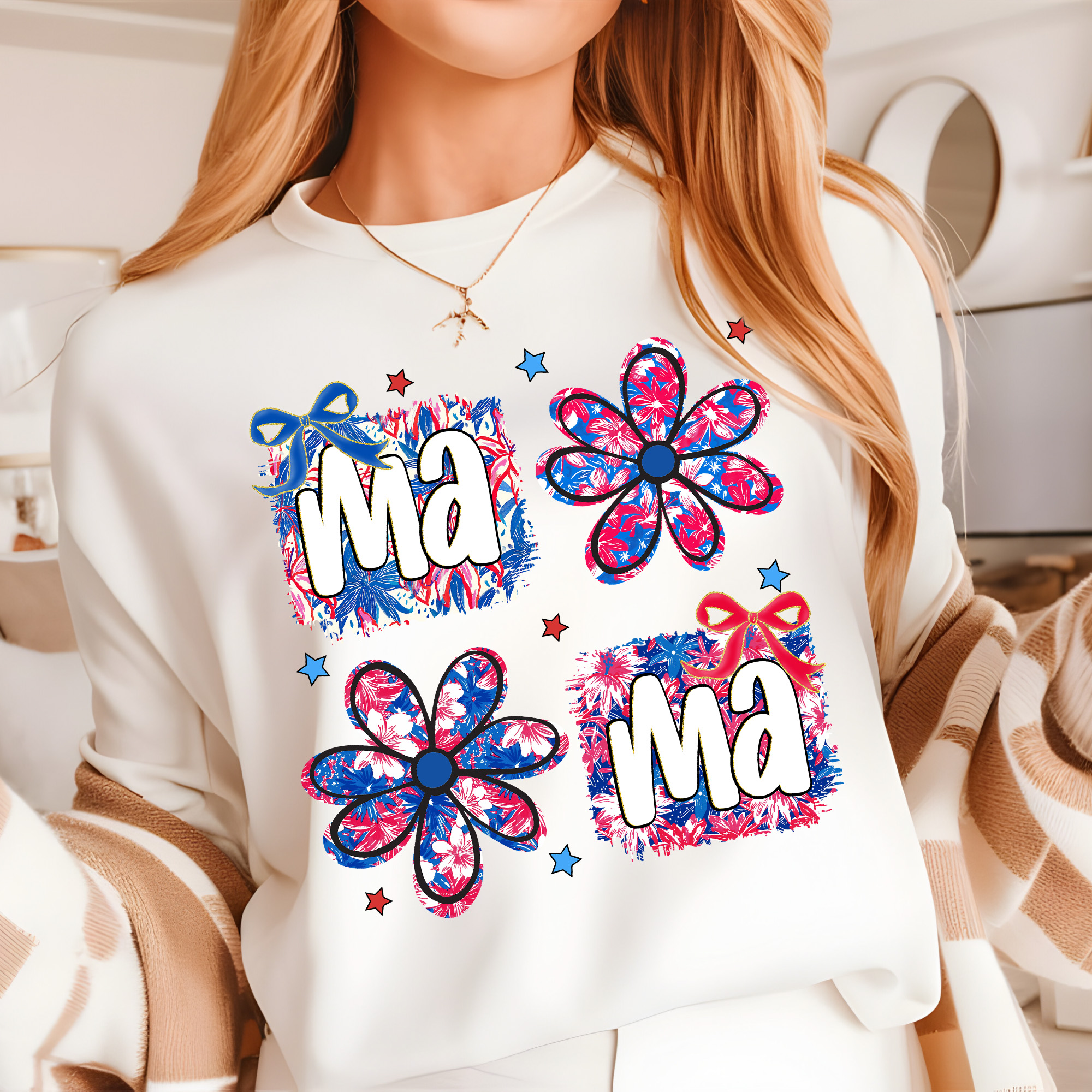 4th of July Mama Floral T-Shirt – Patriotic American Mama Tee, Red White Blue USA Shirt for Moms, July 4th Family Outfit