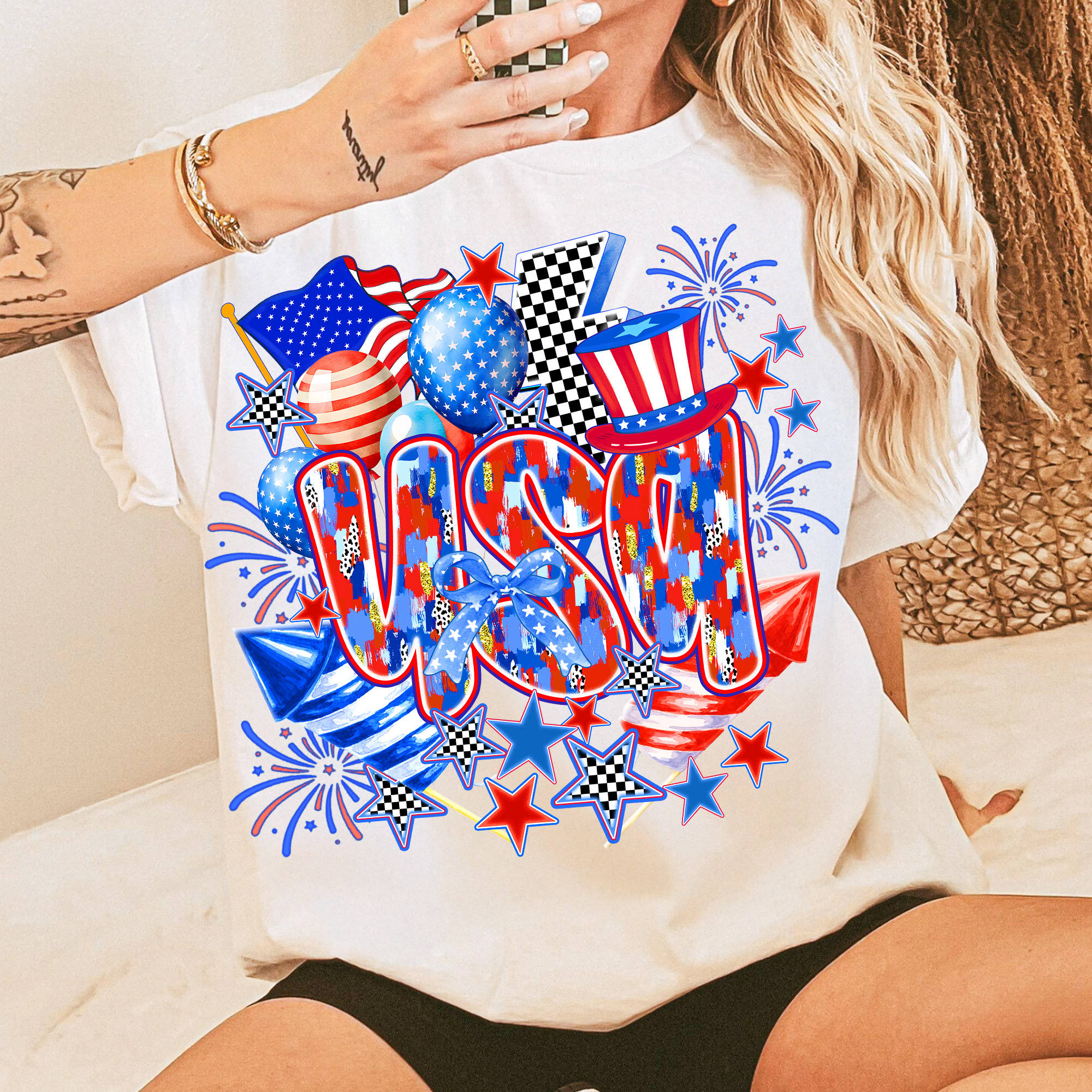 Coquette USA T-Shirt – Retro 4th of July Shirt for Women, Patriotic Girly Sublimation Tee, Vintage America Graphic Tee