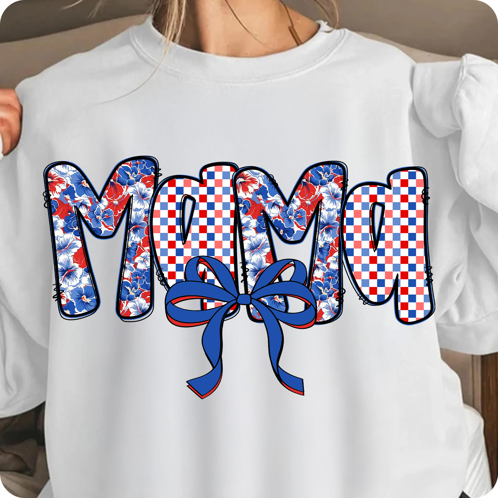 Mama 4th of July T-Shirt – Red White Blue Ditsy Floral Letters, Coquette Grandmillennial USA Shirt, Patriotic Checkered Graphic Tee