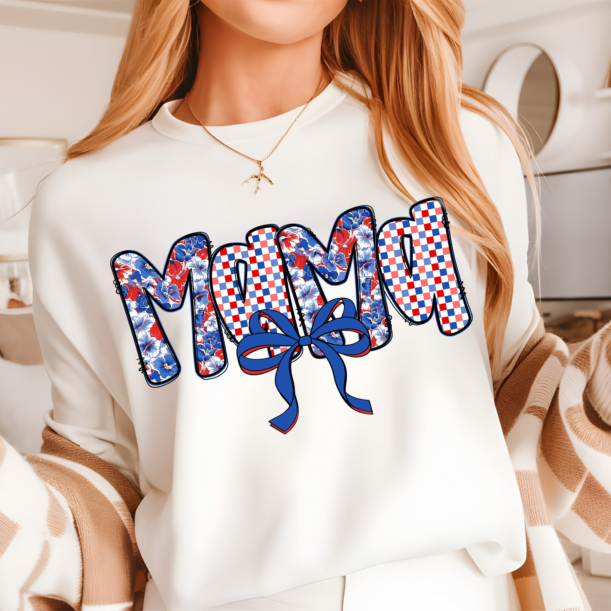 Mama 4th of July T-Shirt – Red White Blue Ditsy Floral Letters, Coquette Grandmillennial USA Shirt, Patriotic Checkered Graphic Tee