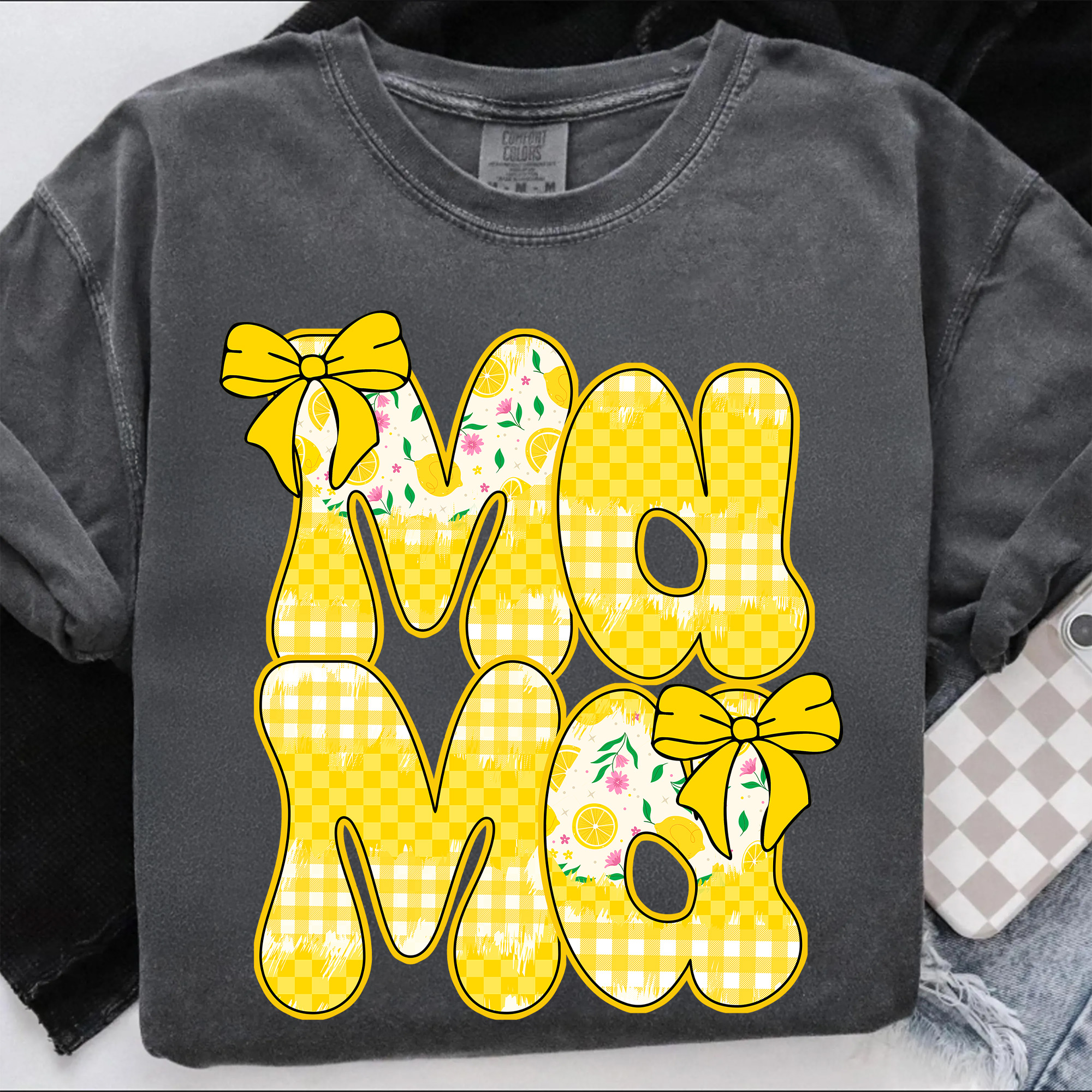Preppy Lemon Mama PNG – Coquette Summer Sublimation Design, Retro Checkered Cottagecore Mom Shirt, Lemon Lover Mother’s Day Clipart