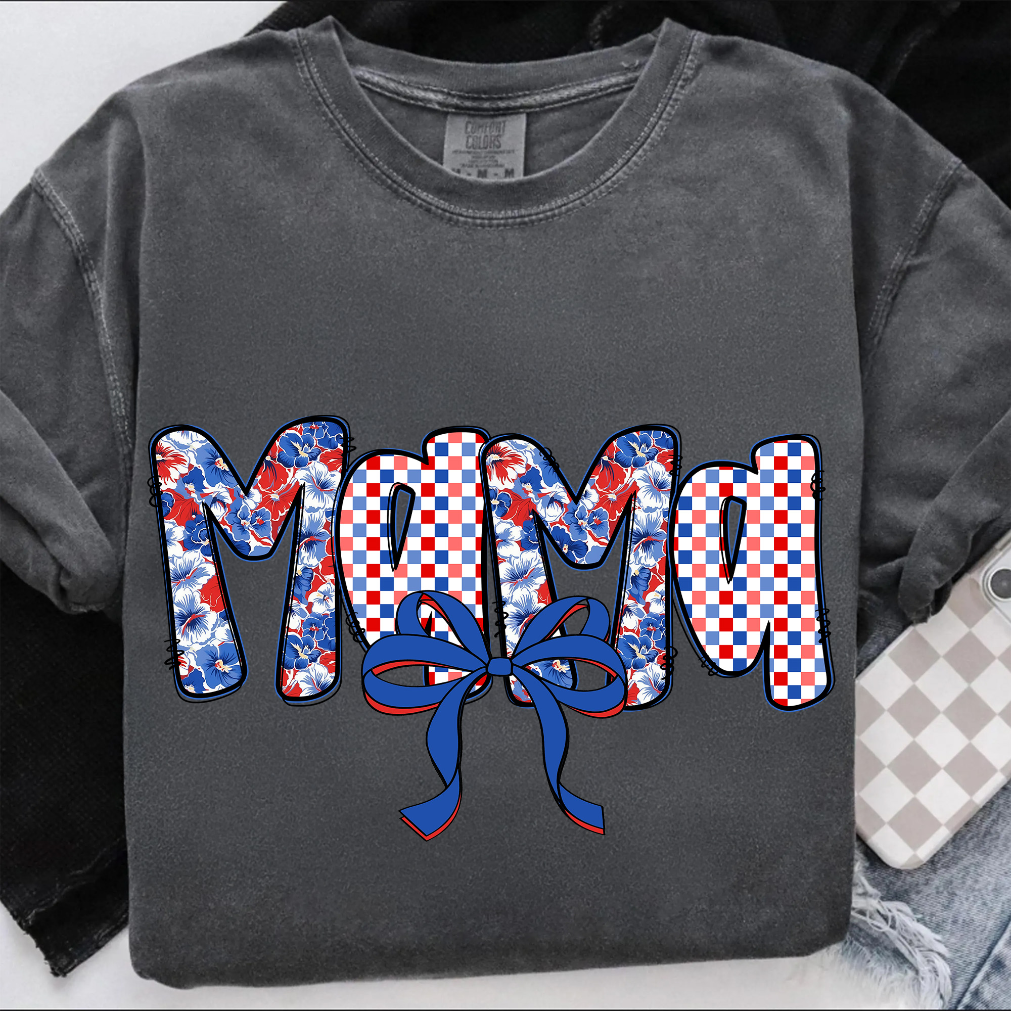Mama 4th of July T-Shirt – Red White Blue Ditsy Floral Letters, Coquette Grandmillennial USA Shirt, Patriotic Checkered Graphic Tee