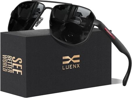 LUENX Lentes de sol de aviador para hombre, lentes de polígono polarizadas cuadradas, protección UV 400 con accesorios de 2.33 pulgadas para conducir al aire libre