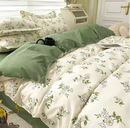 طقم مفروشات من القطن الخالص بطباعة خضراء مكون من 4 قطع ناعمة ومريحة لجميع المواسم وأسلوب بسيط وجديد للمسكن المنزلي