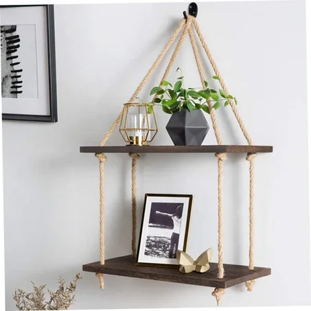 Étagère DOUBLE murale suspendue en bois rustique avec corde