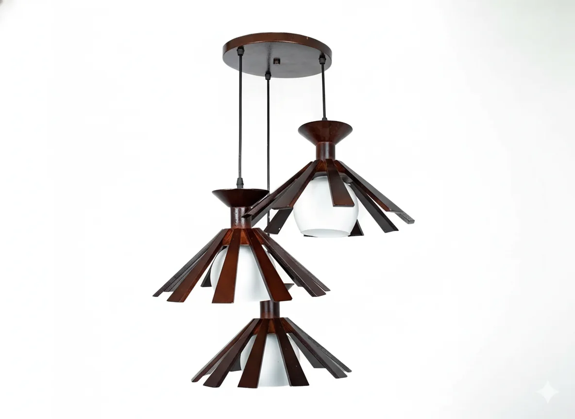 Suspension Triple en Bois et Verre – Style Mid-Century Moderne