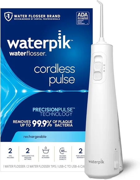 Waterpik Irrigador de agua portátil recargable de pulso inalámbrico para dientes, encías, cuidado de aparatos ortopédicos y viajes con 2 puntas de hilo dental, impermeable para ducha, aceptad