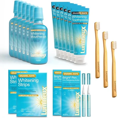 Lumineux Paquete de kit de blanqueamiento Longevity – Contiene 6 pastas dentales, 6 enjuagues bucales, 2 tiras y 2 bolígrafos blanqueadores – Esmalte seguro y clínicamente probado para blanqu