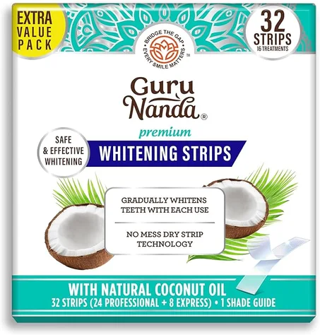 GuruNanda Tiras blanqueadoras dentales - Tratamiento de 16 días con tecnología antideslizante de tiras secas - Blanqueamiento diseñado con cuidado para una sonrisa más brillante