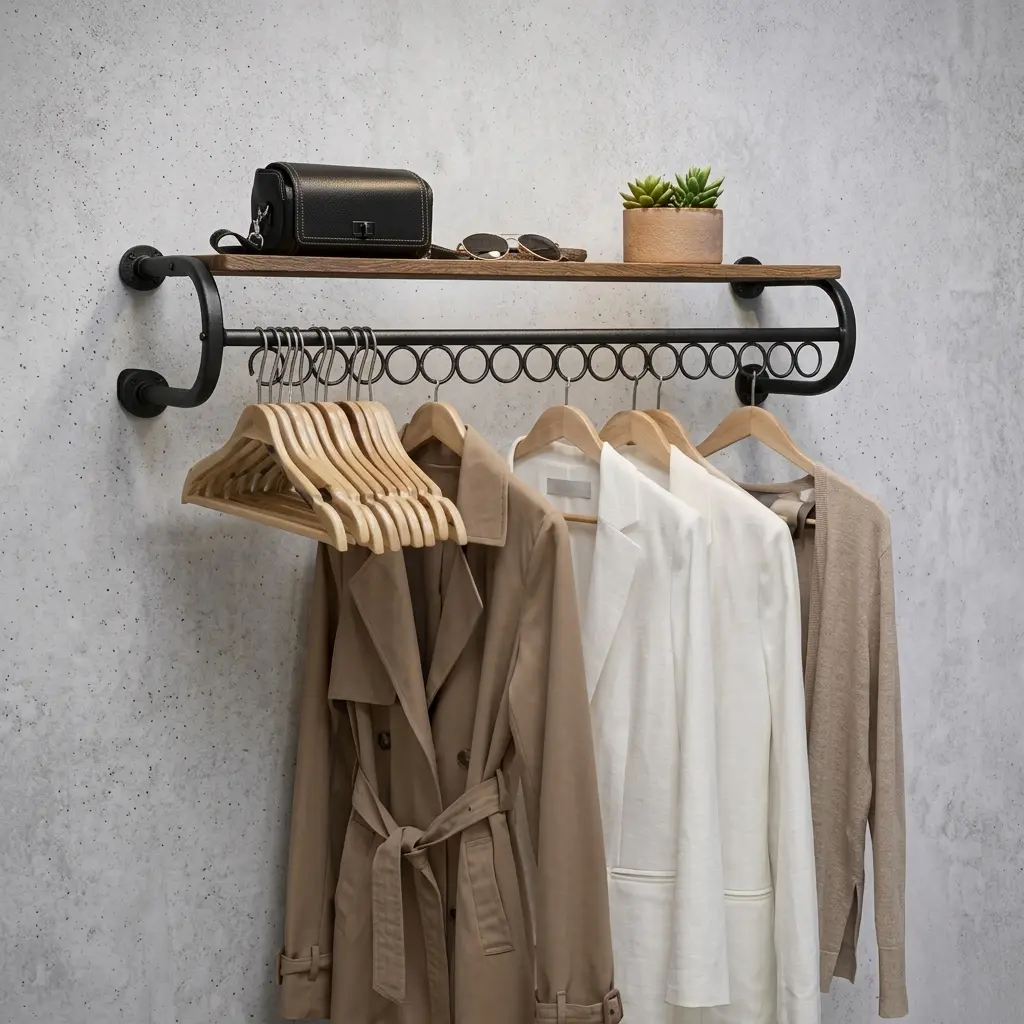 حامل ملابس جداري عصري بتصميم "صناعي" مع رف خشبي وحلقات تنظيم ذكية