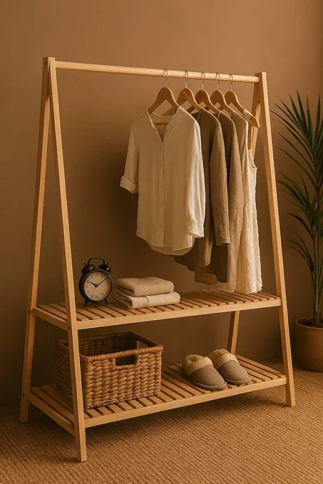 خزانة مفتوحة يدوية من خشب البلوط – علاقة ملابس بتصميم عصري – منظم مدخل أنيق