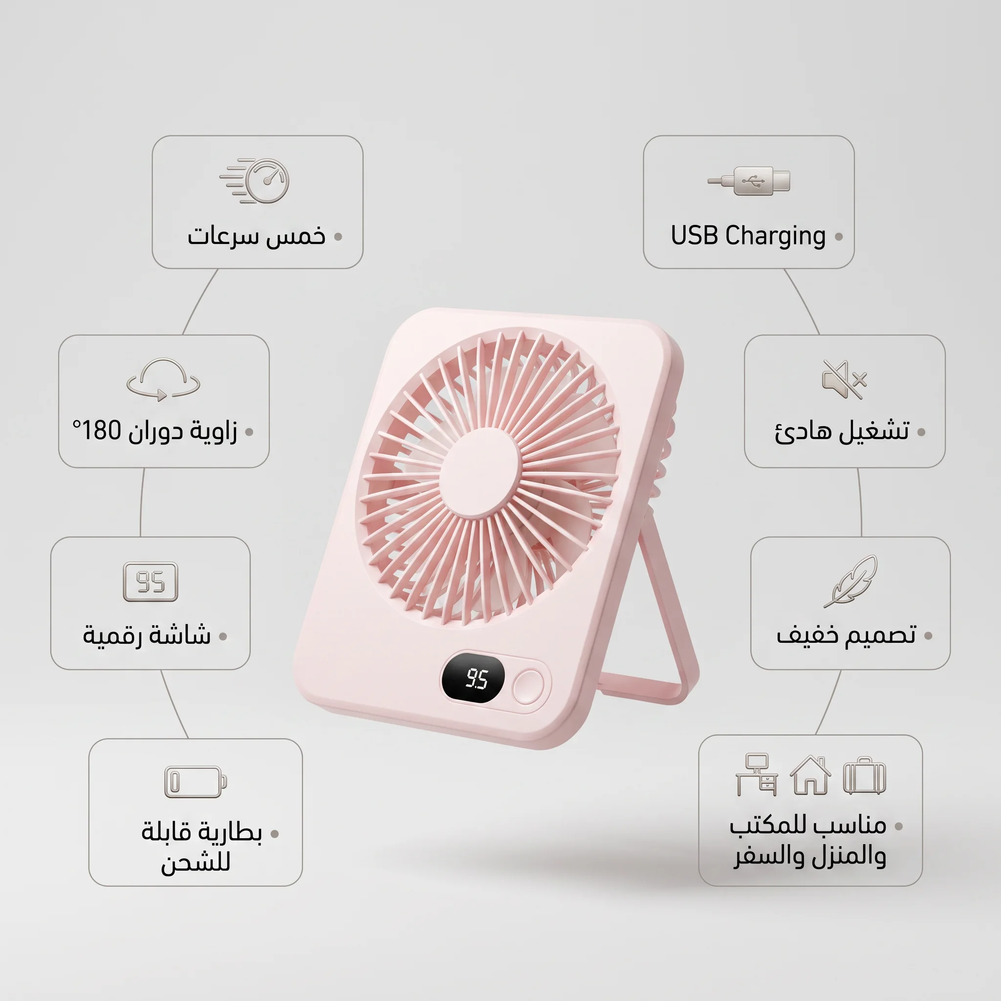 مروحة مكتب وسفر محمولة تعمل بالشحن (5 سرعات وشاشة LED)