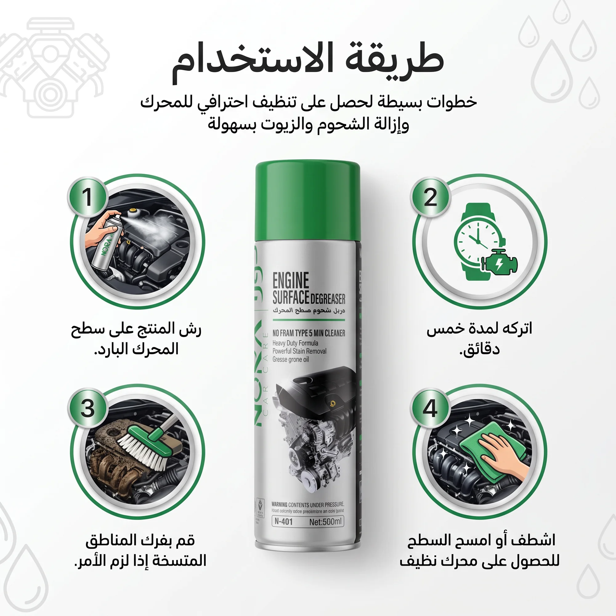 بخاخ ""إيروباك"" (Aeropak) لإزالة الشحوم عن المحرك (سعة 500 مل) - لتنظيف سطح المحرك، مع ميزة التنظيف والتجفيف السريع