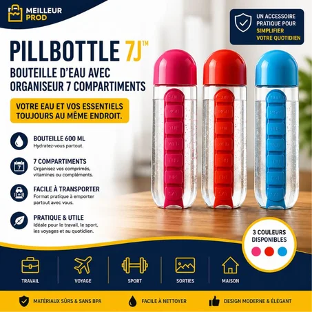 💧 PillBottle 7J™ — Bouteille d’Eau avec Organisateur 7 Compartiments