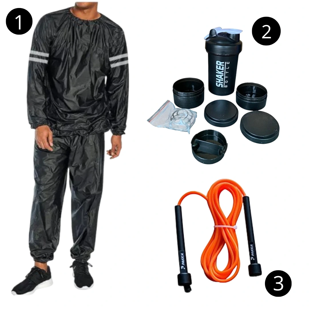 Pack de sport (Sauna suit + Boutaille Shaker + Corde a sauter)