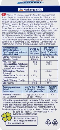 Perles de vitamine D3 1000 UI 60 pièces, 60 pièces