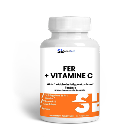 Fer + Vitamine C – SalionTech  مكمل غذائي يجمع بين الحديد وفيتامين C لدعم الطاقة، تقوية المناعة، ومحاربة التعب والإرهاق.