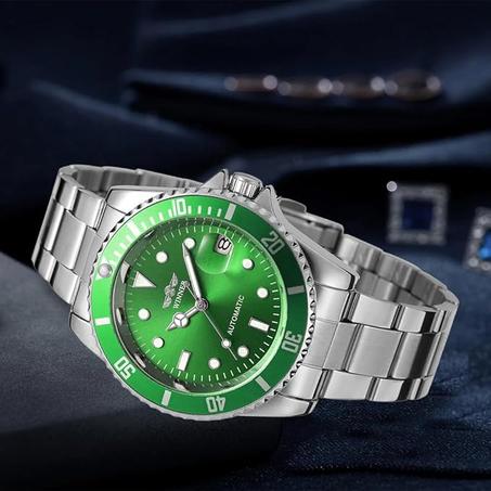 ساعات المعصم الميكانيكية الفولاذ المقاوم للصدأ للرجال ، ساعة أوتوماتيكية ، مقاوم للماء ، مضيئة ، التاريخ ، الأخضر ، رجل علوي