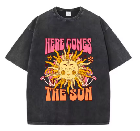 DistMurcia-T-shirt surdimensionné en coton à manches courtes pour femmes, Économie décontractés, lavage à l'acide, impression Here Comes The Sun, vêtements tendance pour femmes