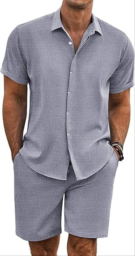 COOFANDY Conjuntos de playa de verano para hombre, 2 piezas, camisas de manga corta y pantalones cortos, conjuntos de lino con textura de vacaciones para hombres