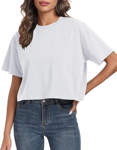 PRIMODA Camiseta corta de entrenamiento de gran tamaño para mujer, cuello redondo, manga corta, casual, holgada, de verano, camiseta corta de algodón