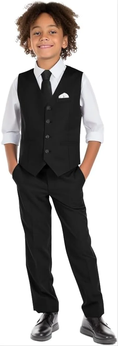 Conjunto de traje formal ajustado de 6 piezas para niños, chaleco, pantalones, camisa de vestir, corbata, cuadrado de bolsillo y pajarita