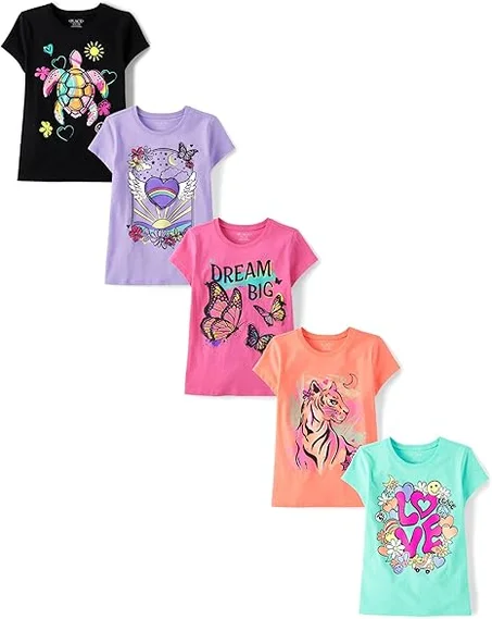 The Children's Place - Camisetas estampadas de manga corta para niñas, paquete múltiple surtido