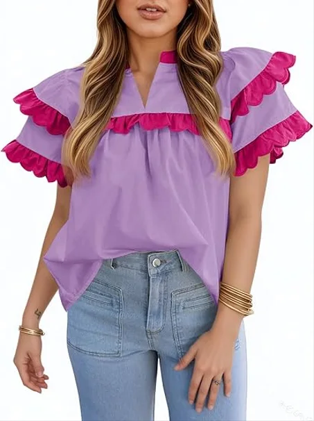 Tankaneo Blusa plisada de verano con cuello en V y manga con volantes para mujer, estilo casual, ajuste holgado