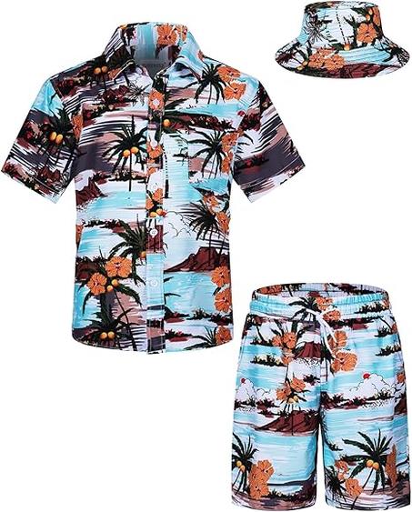 TUNEVUSE Little & Big Boys - Conjunto de camisas hawaianas con botones y pantalones cortos con sombrero de pescador, trajes de verano estampados para niños