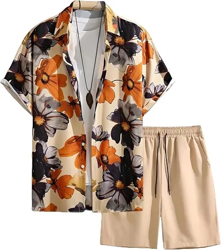 COZYEASE Conjunto hawaiano de 2 piezas para hombre, camisa y pantalones cortos de manga corta con botones