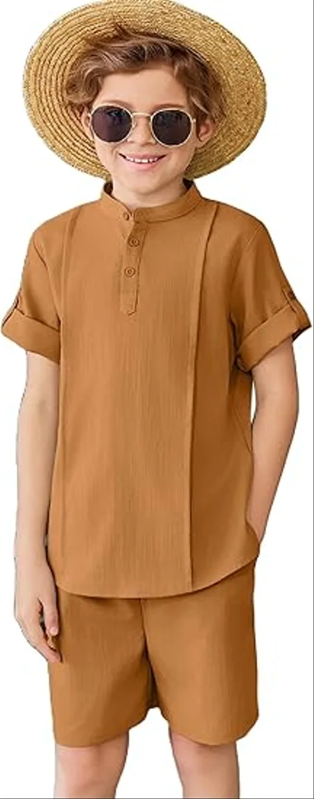Arshiner Conjunto de lino de 2 piezas para niño, camisa y pantalones cortos Henley de manga corta para verano, playa, trajes a juego de 5 a 12 años